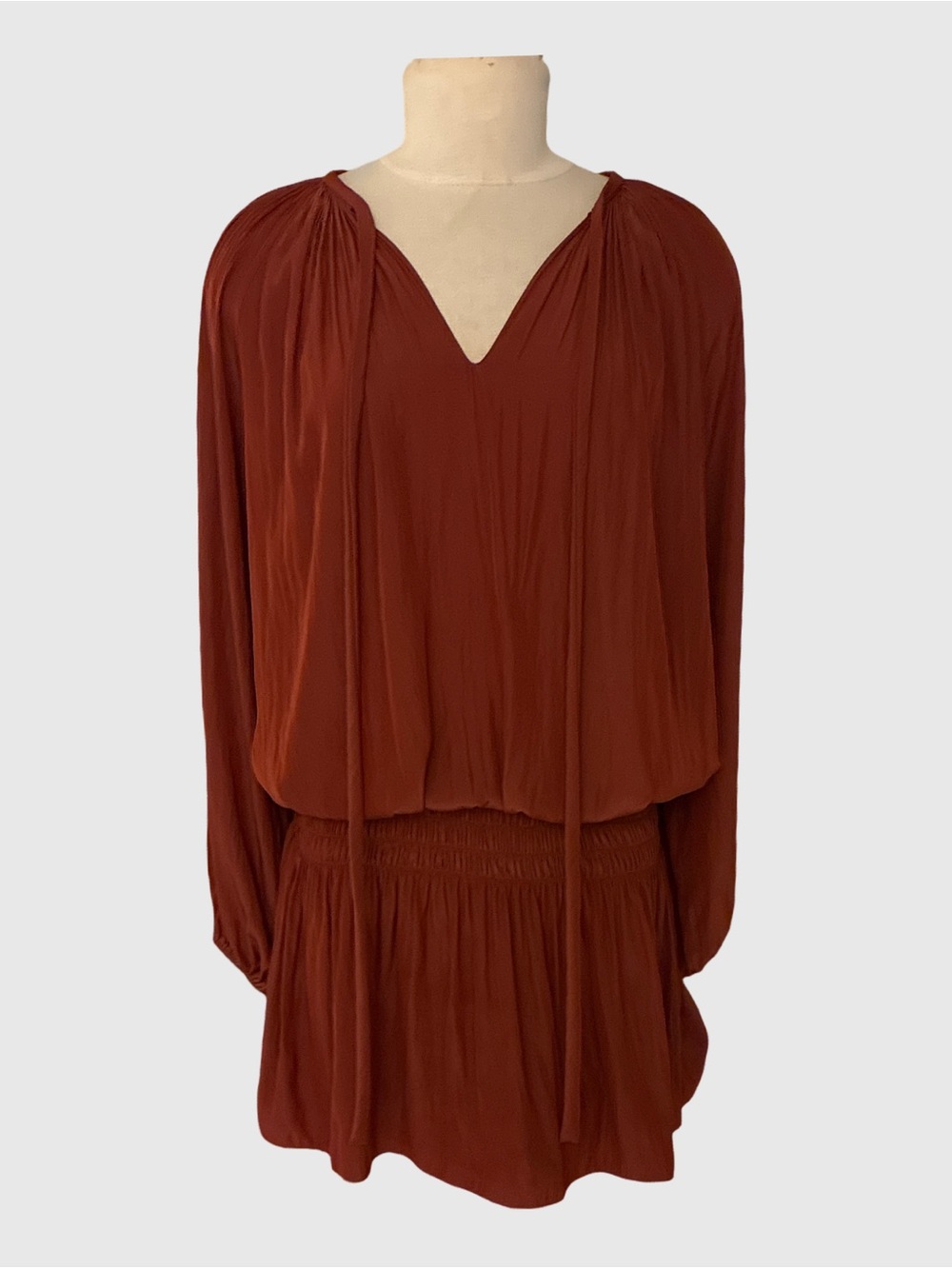Ramy Brook Rust Brown V-Neck Gathered Waist Dress SZS $79